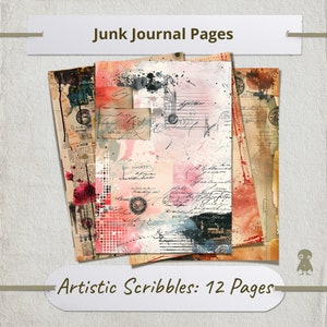 12 pagine di scarabocchi artistici Diario spazzatura di ispirazione vintage Documenti digitali Timbri postali antichi Texture retrò Aspetto carta invecchiata Supporti misti fai-da-te