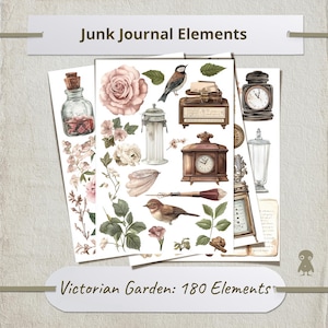 Könnte beinhalten: Ein Set mit 180 digitalen Junk-Journal-Elementen mit einem viktorianischen Gartenthema. Die Elemente umfassen Blumen, Vögel, Uhren, Flaschen und andere dekorative Gegenstände. Die Elemente sind im Aquarellstil gehalten und perfekt, um Ihren Projekten einen Hauch von Vintage-Charme zu verleihen.
