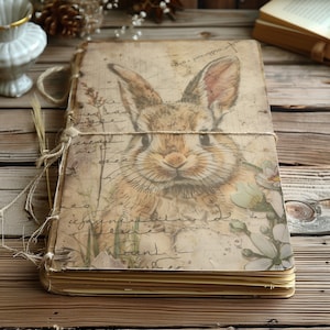 May include: A vintage-style journal with a brown rabbit illustration on the cover. The cover is decorated with handwritten text and floral accents. The journal is bound with twine and has a rustic aesthetic.