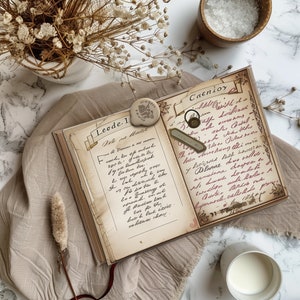 May include: An open book with brown leather covers and cream-colored pages. The book is open to two pages with handwritten text in red ink. The text on the left page reads "Leode 1" and the text on the right page reads "Caenioy".