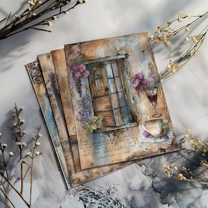 4 Cottage Charm Digitale kunstwerken Bloemen Raamscène Ontspannende retraite Plakboek en dagboek Vintage collage Victoriaanse damescollectie
