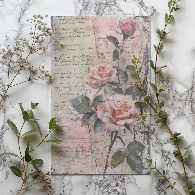 4 Pink Elegance Digital Rose Art Antique Script Background Scrapbook ...