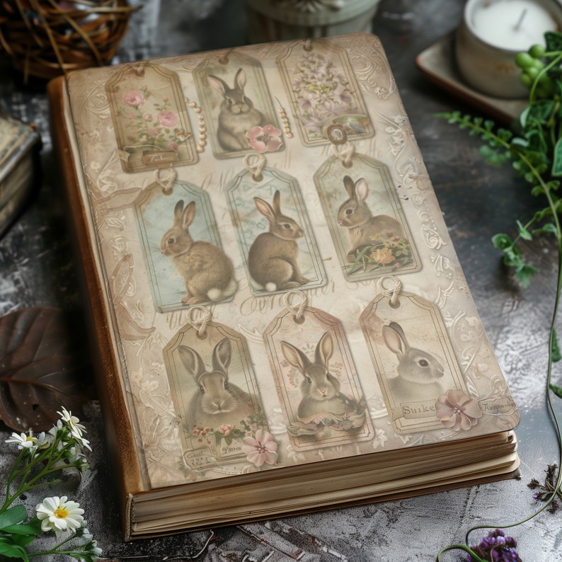 4 Printable Bunny Tag Pages Vintage Floral Rabbit Ephemera Digital ...