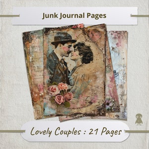 21 parejas encantadoras Collage de amor vintage Arte digital Scrapbooking Diario basura Colección romántica retro imprimible Elementos de diseño Fondos