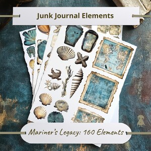 Nautisches Junk Journal Ephemera Set mit Anker Karten Fisch Muscheln Illustrationen für Handwerk und Scrapbooking Pixel Vintage Meer Scrapbook