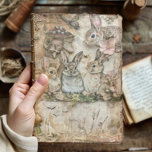 4 vintage bunny-pagina's junk Journal Beatrix Potter-stijl lente Pasen bloemen en schrift konijn digitaal papier collageblad collectiekunst