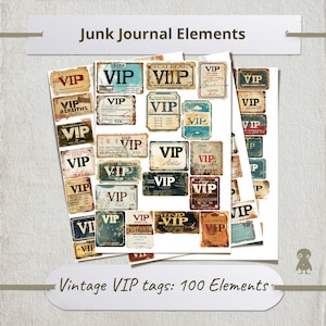 100 vintage VIP-pastags rustiek kortstondig afdrukbaar noodlijdend ticket afbeelding shabby chic toegangsbadges exclusieve lidkaart tijdschriftontwerp