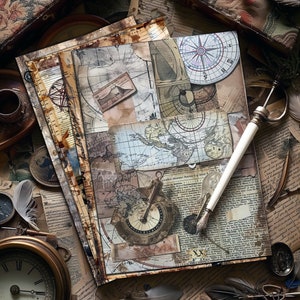 4 documenti digitali di esplorazione rinascimentale Strumenti astronomici e nautici Set di album di esplorazione Libro fai da te Design collage vintage