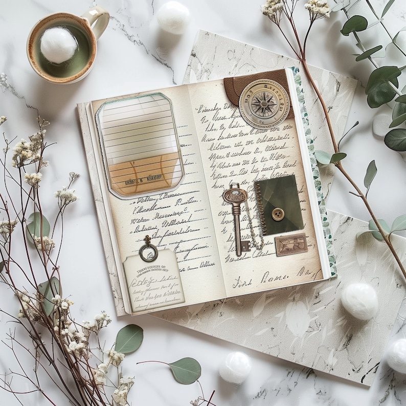 May include: A vintage style journal with a brown leather cover and gold accents. The journal has a compass, key, and other decorative elements. The journal is open to a page with handwritten text and a quote that reads "Fort Name".