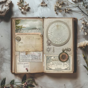May include: An open vintage journal with brown leather covers and pages filled with handwritten notes, sketches, and a compass. The journal has a worn, antique aesthetic and features a map, a clock face, and a compass.