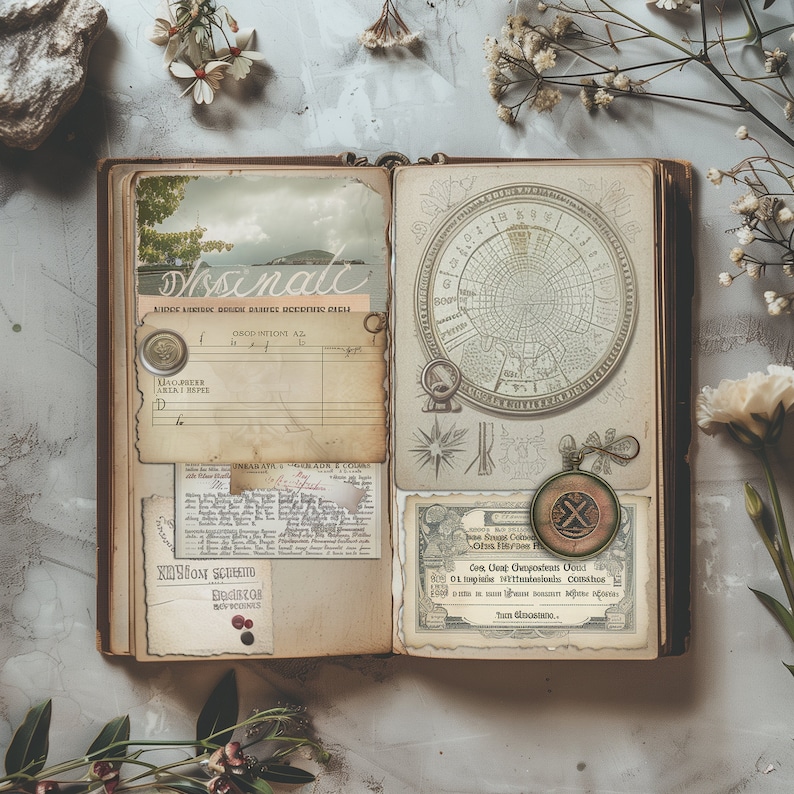 May include: An open vintage journal with brown leather covers and pages filled with handwritten notes, sketches, and a compass. The journal has a worn, antique aesthetic and features a map, a clock face, and a compass.