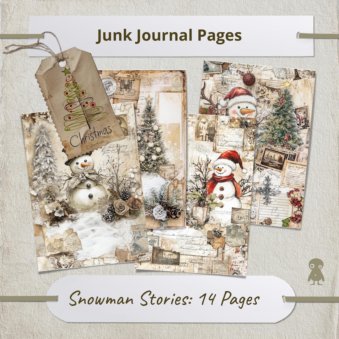Vintage Christmas Junk Journal Page Snowman Illustration Tree Collage ...