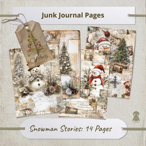 Vintage Weihnachten Junk Journal Seite Schneemann Illustration Baum Collage Urlaub Ephemera Antik Winter Design Saisonal Festlich Nostalgisch