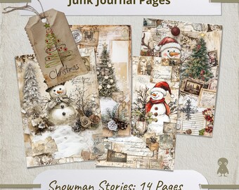 Vintage Christmas Junk Journal Page Snowman Illustration Tree Collage Holiday Ephemera Antique Winter Design Seasonal Festive Nostalgic