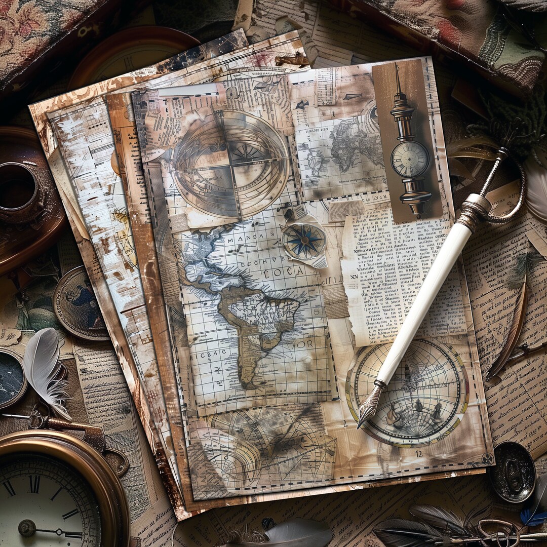 4 Nautical Explorer Digital Collages Vintage Maps and Compass Scrapbook ...