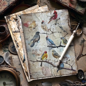 4 Singvogel Symphonie Digitale Collagen Bilder Bunte Vögel Gealtert Papier Mixed Media Art Journal Kit Digitale Singvögel druckbare Vogel-Kunst-Dekor