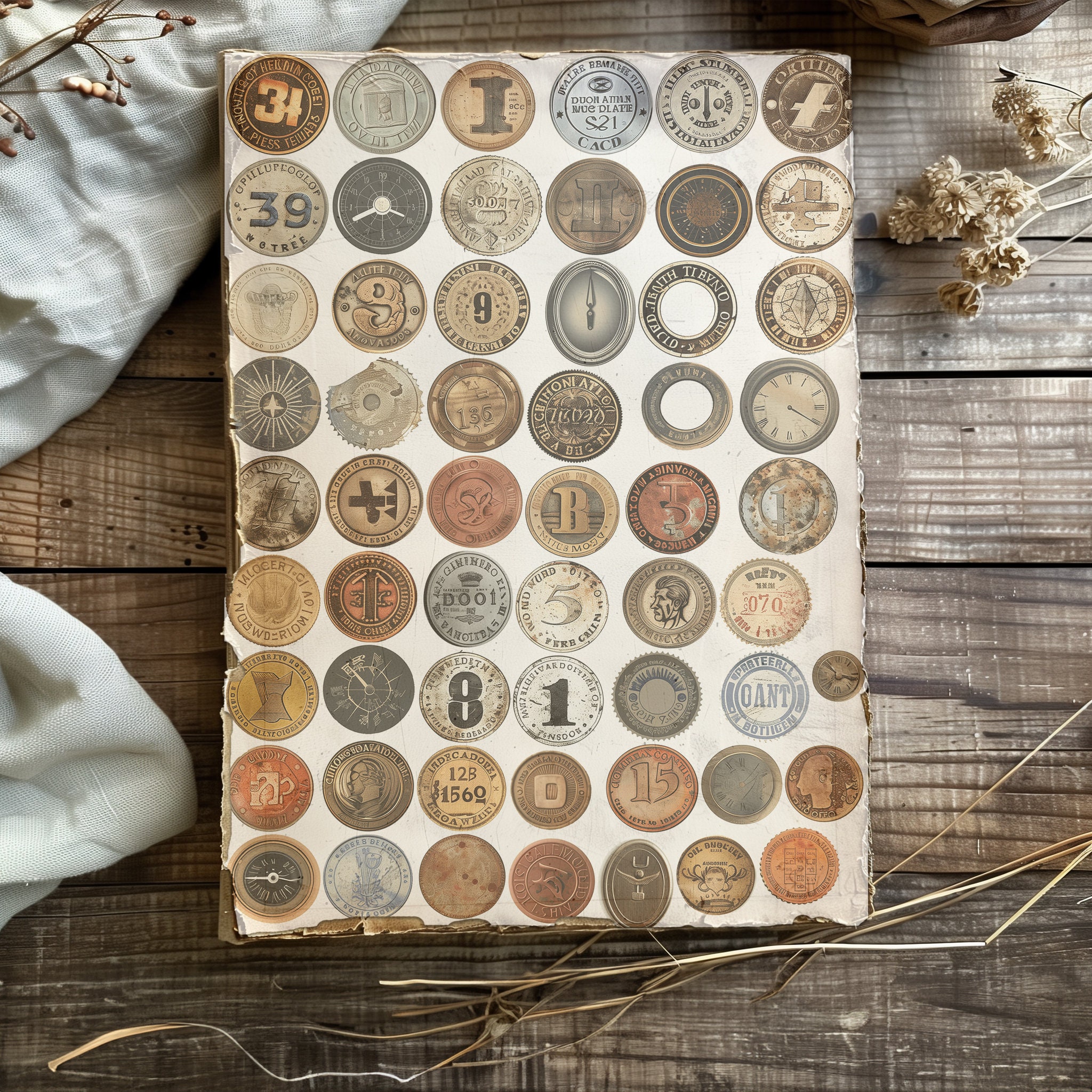 220 Vintage Round Stickers Antique Digital Ephemera Mixed Media ...