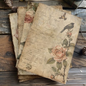 4 arte atemporal de letras de pájaro rosa para álbum de recortes, diario basura, conjunto vintage de 4 piezas, artesanía romántica, diseño de colección de letras de pájaro rosa vintage