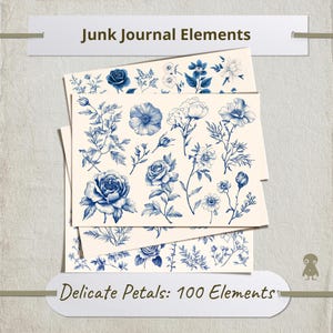 Vintage botanische Illustrationen Blumen Ephemera blaue Blume Clipart Antike Rosen Pfingstrosen Mohnblumen Stengel Schöne digitale Collage