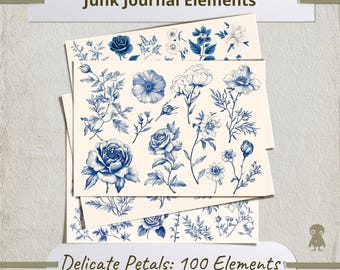 Vintage Botanical Illustrations Floral Ephemera Blue Flower Clipart Antique Roses Peonies Poppies Stem Leaves Beautiful Digital Collage