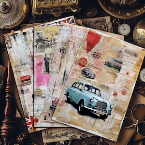 4 colagens de viagem vintage arte digital tema britânico mapas de carros clássicos vitorianos senhoras lixo diário coleção elementos de design álbum de recortes