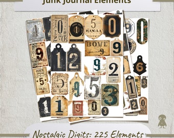 225 Nostalgic Digits Vintage Tag Printable Junk Journal Kit Distressed Number Digital Collage Ephemera Pack Victorian Style Crafting Designs