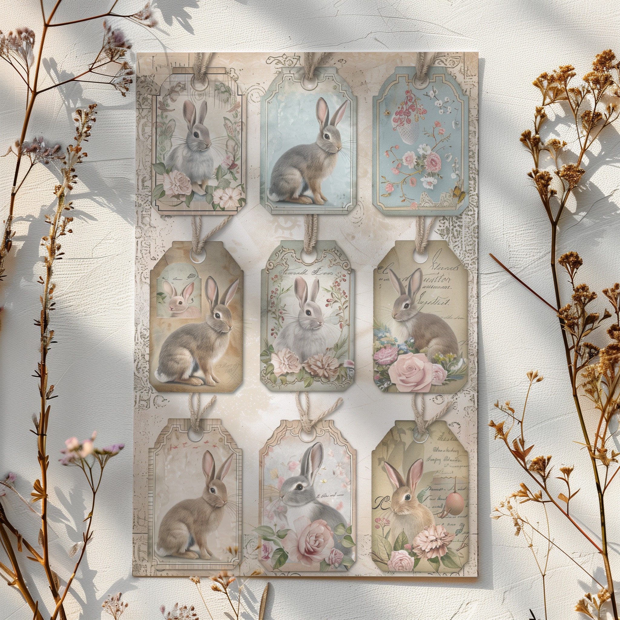 4 Printable Bunny Tag Pages Vintage Floral Rabbit Ephemera Digital ...