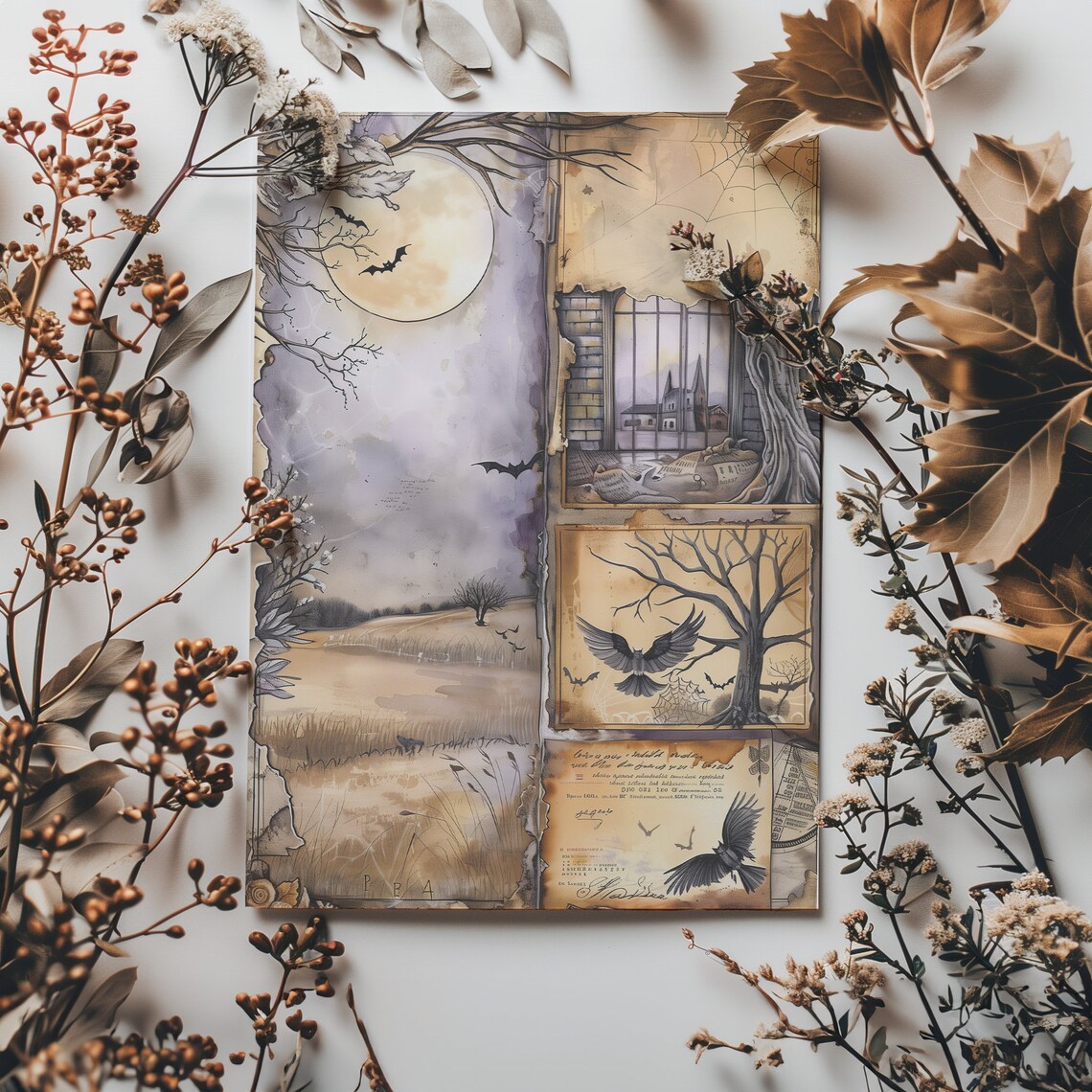 12 Vintage Halloween Gothic Junk Journal Pages With Spooky Bats Haunted ...