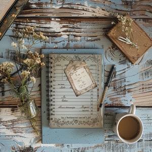 May include: A blue and white planner with a gold-toned metal spiral binding. The planner has a decorative border and a tag with the text "Deposi" on the front. The planner is sitting on a rustic wooden surface with a cup of coffee and a bouquet of dried flowers.