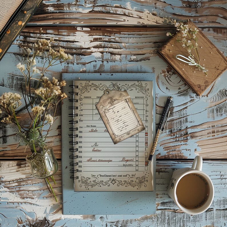 May include: A blue and white planner with a gold-toned metal spiral binding. The planner has a decorative border and a tag with the text "Deposi" on the front. The planner is sitting on a rustic wooden surface with a cup of coffee and a bouquet of dried flowers.