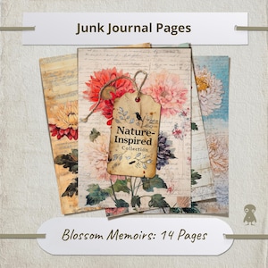 Pages de journal numérique floral vintage, impression de fleurs rouges shabby chic, kit de journal indésirable botanique, esthétique technique mixte, illustration antique