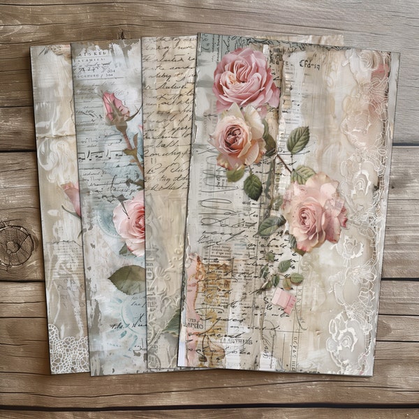 4 Vintage Script and Lace Roses, Romantic Digital Print Set for Crafting, Rose Digital Art, Vintage Lace, Script Ephemera, Romantic Rose
