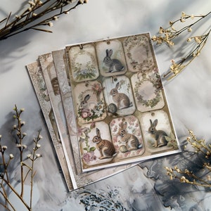 4 Printable Bunny Tag Pages Vintage Floral Rabbit Ephemera Digital Scrapbook Supplies Shabby Chic Craft Images Floral Collection DIY Design