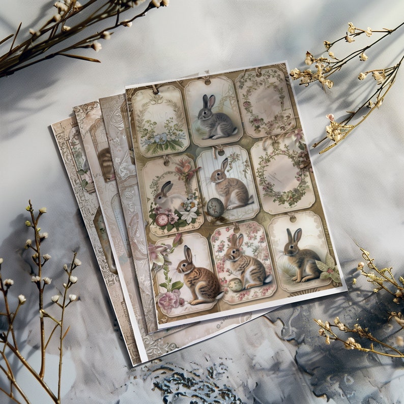 4 Printable Bunny Tag Pages Vintage Floral Rabbit Ephemera Digital ...