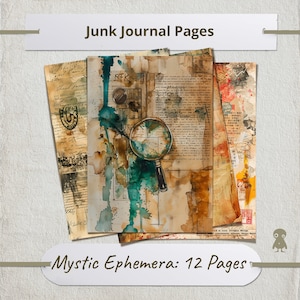 May include: A set of 12 vintage-style paper pages featuring a magnifying glass, text, and watercolour accents. The pages are ideal for junk journaling, scrapbooking, or other paper crafts.