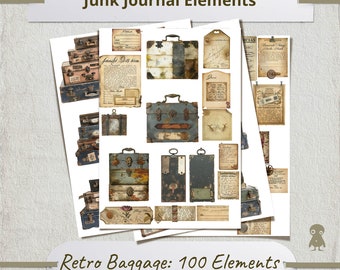 Könnte beinhalten: Ein Set mit 100 druckbaren digitalen Junk-Journal-Elementen mit Vintage-Gepäck und Reise-Ephemera. Die Elemente sind in Braun-, Blau- und Cremetönen mit abgenutzten Texturen gehalten. Das Set enthält Koffer, Etiketten, Etiketten und andere Reise-Grafiken.