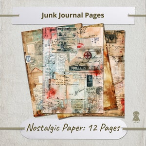 12 páginas de papel nostálgico, vintage, colagem de coisas efêmeras, impressão de jornal, carta antiga, carimbo postal, coleção de papéis manchados de chá