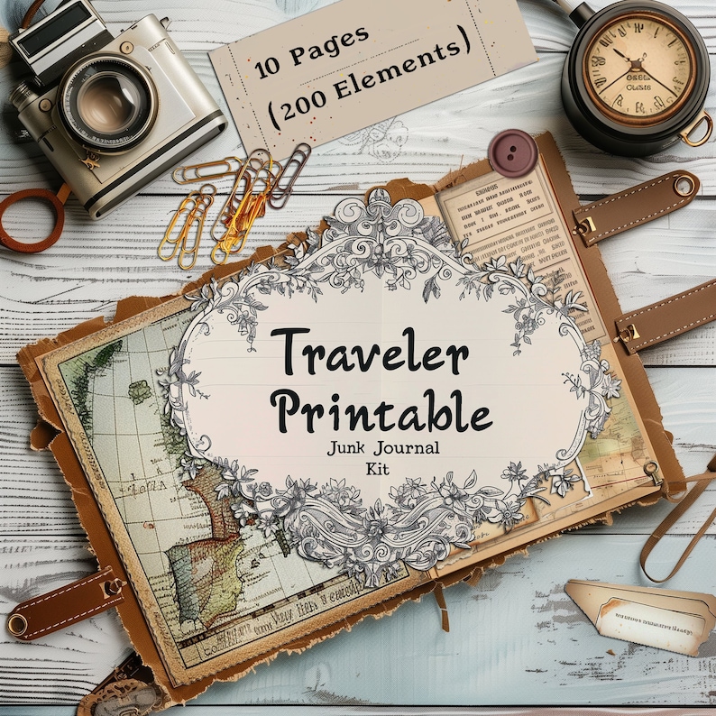 May include: A vintage-style traveler's journal kit with a map background and ornate floral designs. The kit includes 10 pages and 200 elements. The text "Traveler Printable Junk Journal Kit" is displayed on the cover.