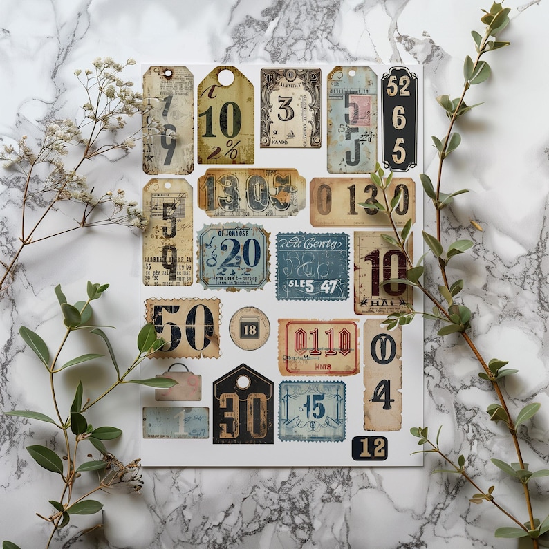Vintage Ephemera Numbers Tags Junk Journal Digital Collage Sheet ...