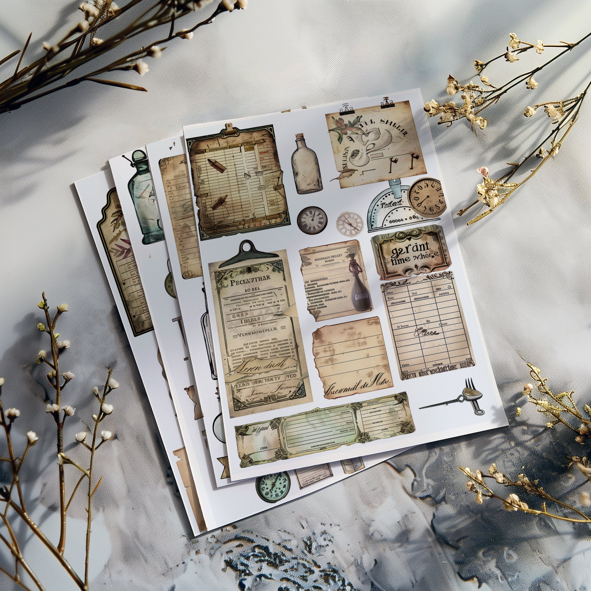 4 Vintage Tags and Labels Set Distressed Numerical Ephemera Junk Journal Scrapbooking Printable Tags Distressed Labels Collection Decor