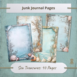 Pagine di diario vintage a tema nautico con conchiglie, ancora e corallo, articoli effimeri da spiaggia rustici, scrapbooking, arte, viaggi, cancelleria marittima