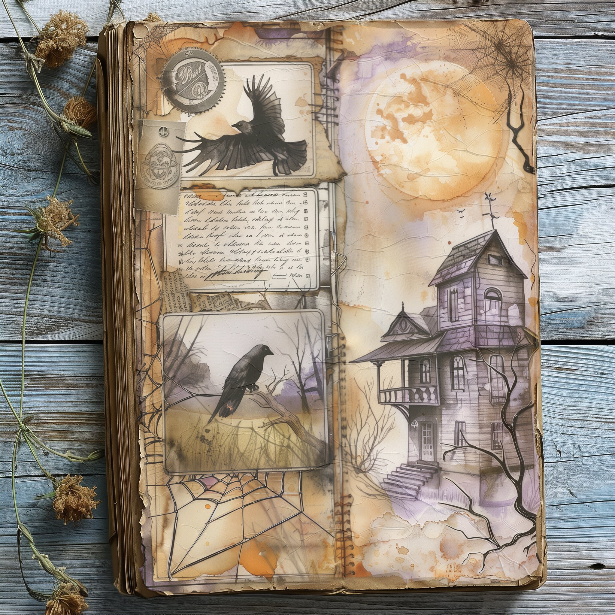 12 Vintage Halloween Gothic Junk Journal Pages With Spooky Bats Haunted ...