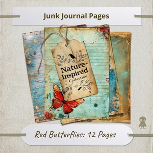 Papillons rouges 12 pages vintage Junk Journal Page numérique Scrapbooking bleu et beige Boho éphémères artistique imprimable bricolage artisanat déco
