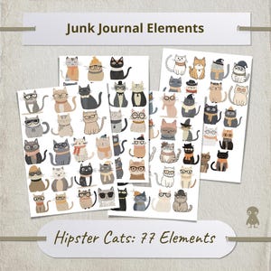 Entzückende illustrierte Katzenelemente, niedliches Kätzchen Kunst für Junk Journal Scrapbooking 4 Seiten 77 Digital Collage Sheet Katzen Basteln