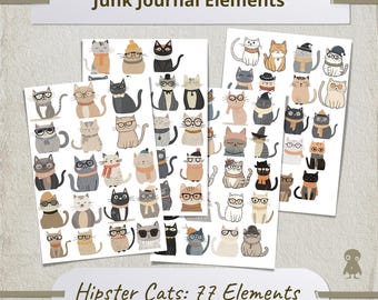 Adorable Illustrated Cat Elements Cute Kitten Art For Junk Journal Scrapbooking 4 Pages 77 Digital Collage Sheet Cats Crafting
