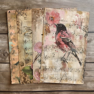 4 Melodische Vogel und Blüten Serie Nostalgische Set Vogel Druck Floral Kunst Musik Blatt Vintage Vogel Blüte Bild Sammelalbum DIY Dekor Sammlung