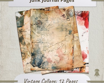 Op de afbeelding: Een set van 12 vintage collagepagina's met een verweerde, verouderde uitstraling. De pagina's bevatten een mix van texturen, waaronder papier, stof en verf. De pagina's zijn perfect om een unieke touch toe te voegen aan je junk journal of andere knutselprojecten.