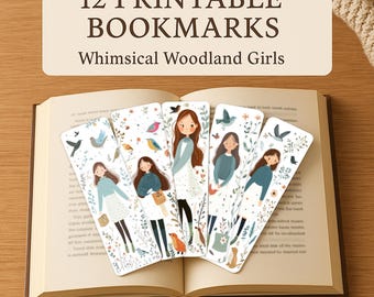 12 Whimsical Girl Bookmarks Forest Animal Theme Printable Ephemera Cute Autumn Woodland Character Tags Scrapbooking Journal Accessories Art