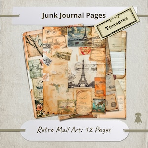 Retro Mail Art 12 páginas de diario basura Vintage Ephemera Kit Mapa antiguo Fotos antiguas Cartas manuscritas Sellos Tonos sepia Collage Scrapbooking