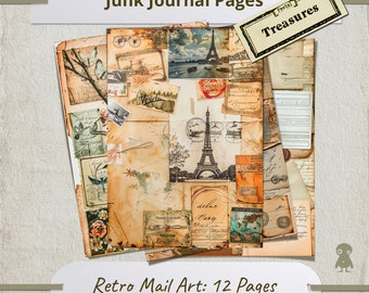 May include: Twelve pages of vintage-style scrapbook paper featuring a collage of images, including the Eiffel Tower, maps, and old letters. The paper is perfect for junk journaling, scrapbooking, or card making.